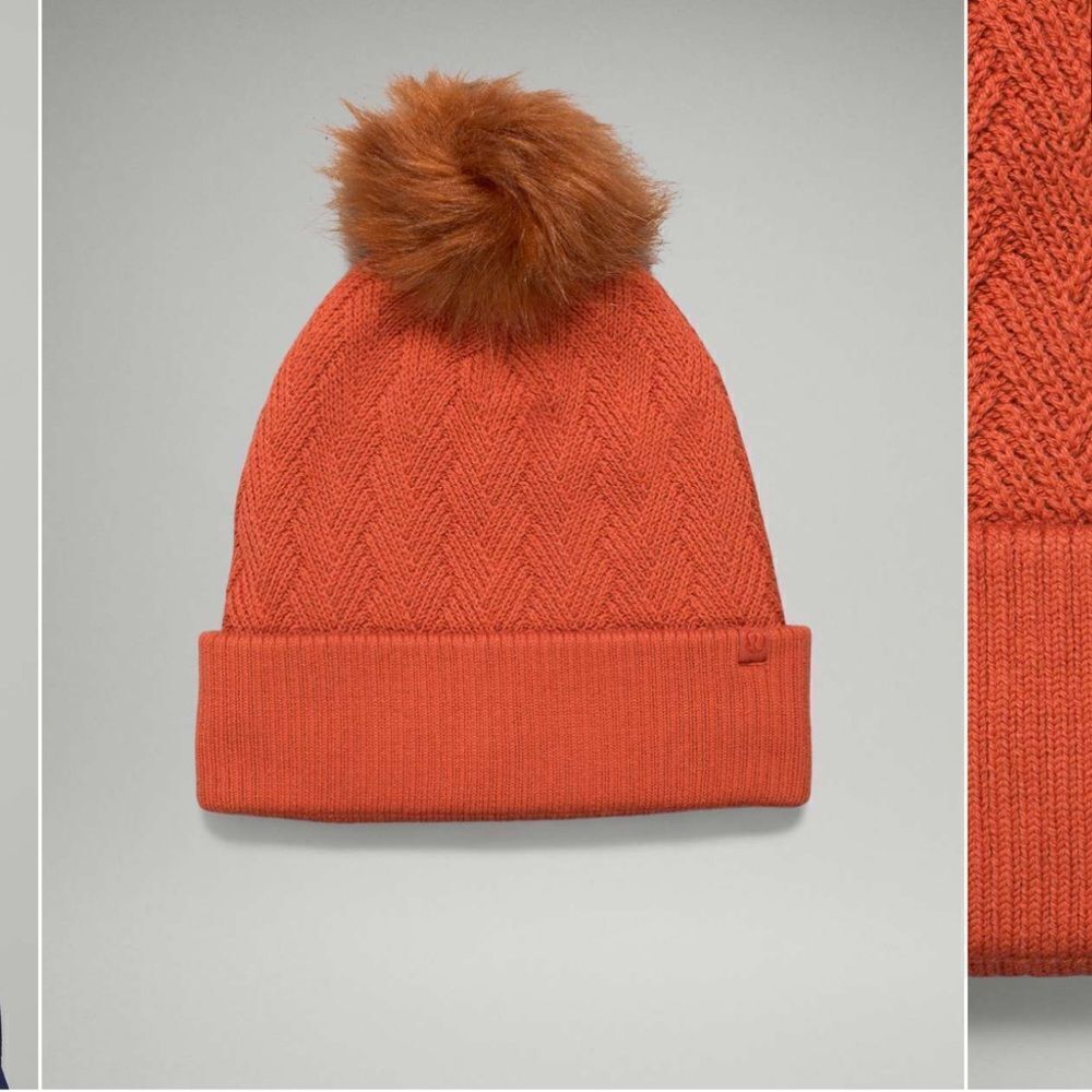 NWT New LULULEMON Chevron Knit Fur Pom Beanie Hat Canyon Orange CAYO